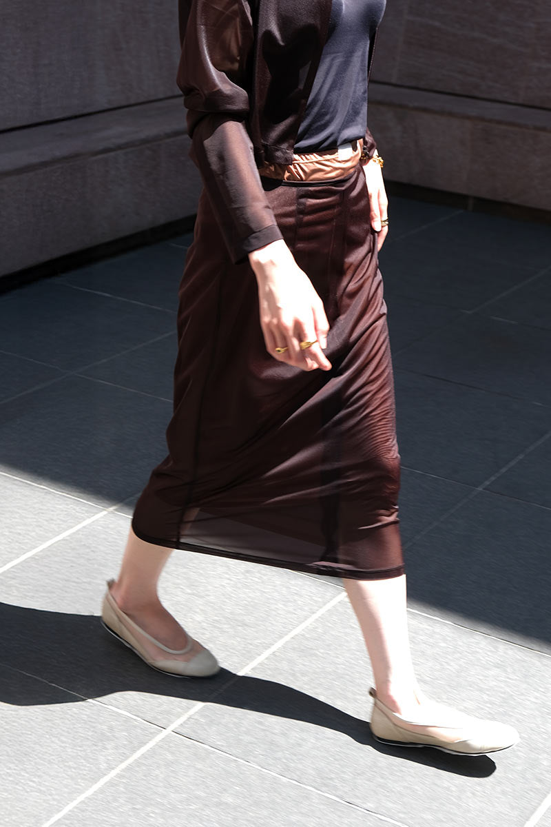 LITTLE $UZIE | SHEER TRICOT SKIRT WITH INNER / CHOCOLATE
