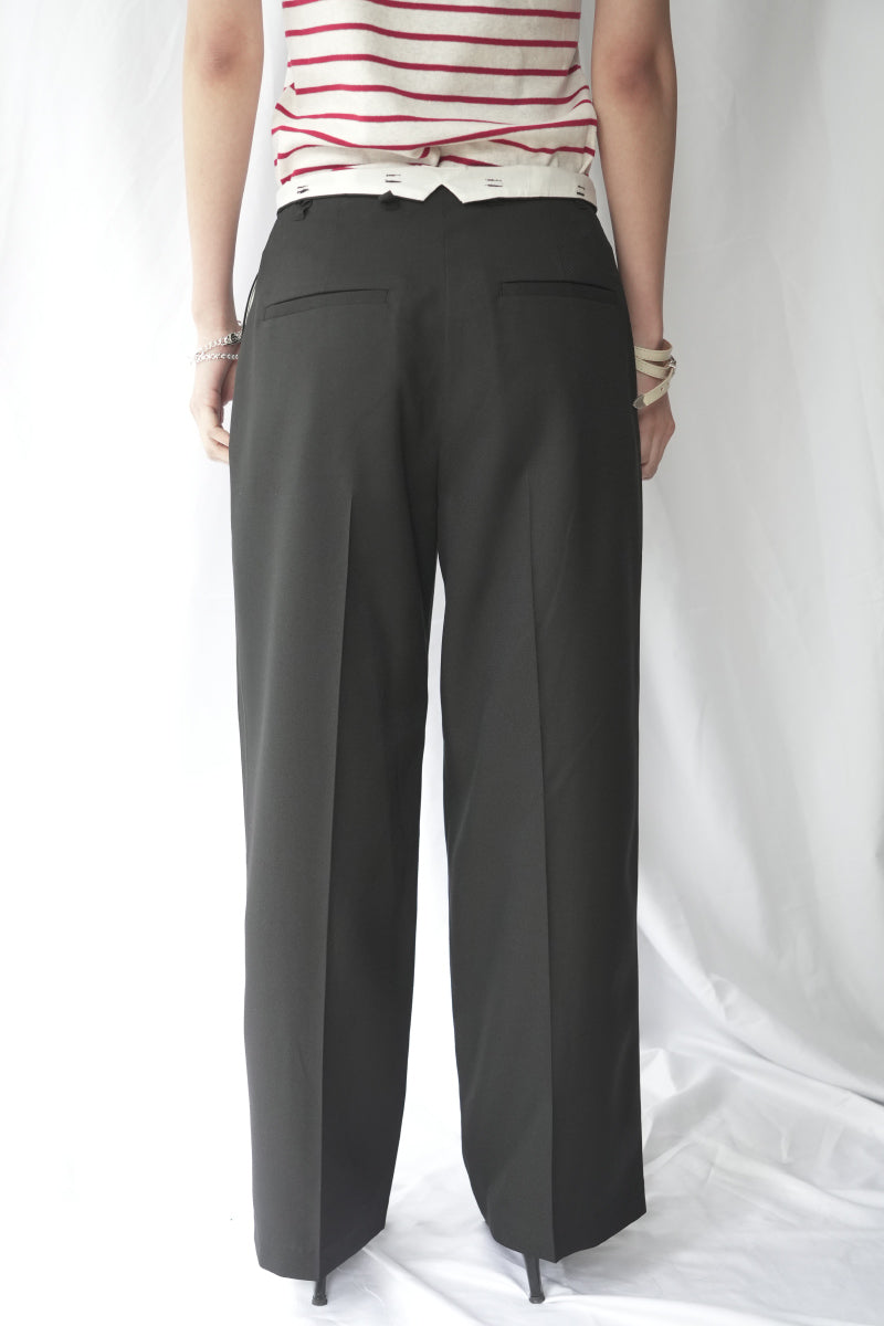 WOOL MIX HIP HUGGERS TUCKED WIDE SLACKS / BLACK