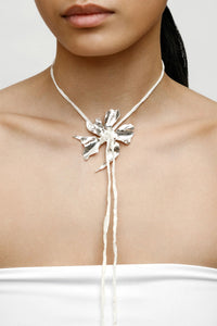 FLOWER CORD NECKLACE / 925 STERLING SILVER PLATED BRONZE SILK CORD