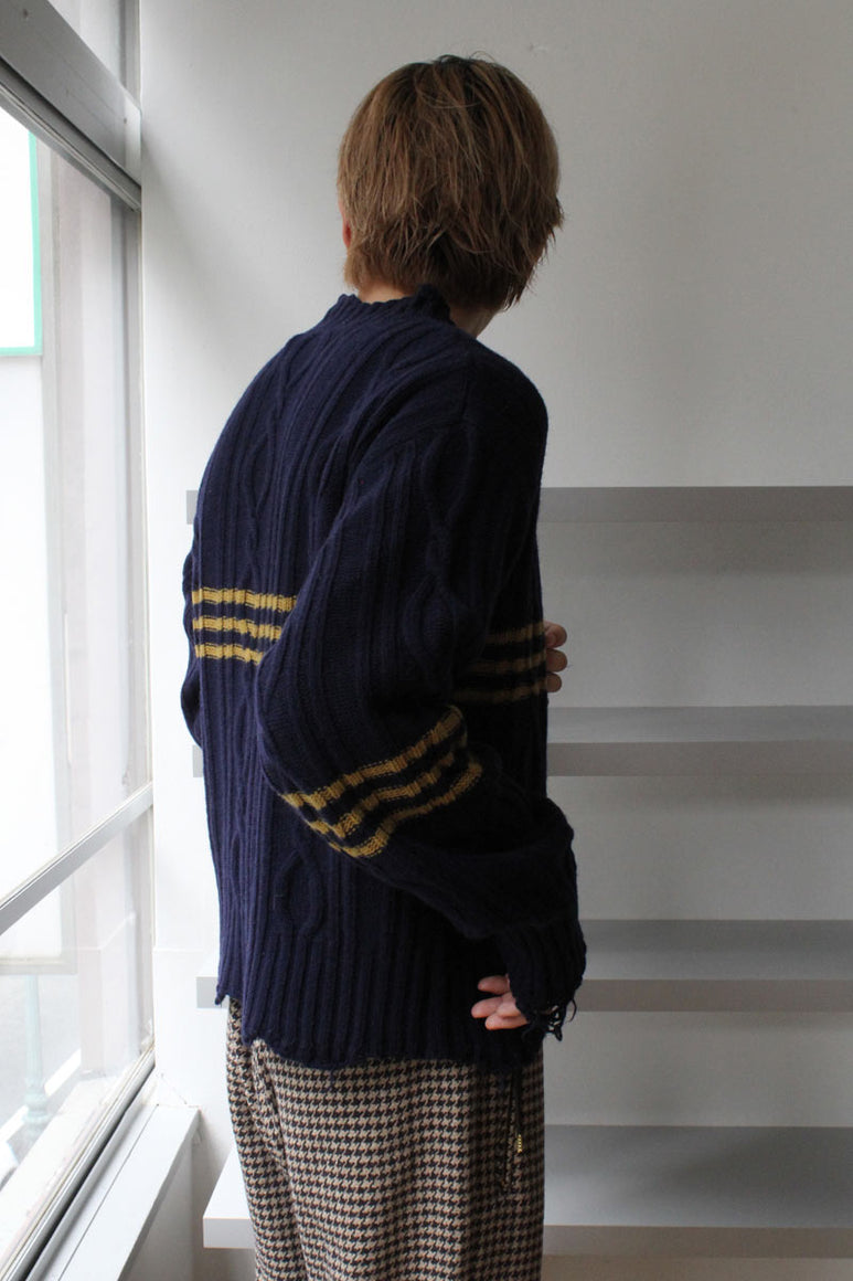 CROPPED CABLE SWEATER / DARK BLUE AND YELLOW [30%OFF]