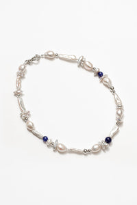 NOELLE NECKLACE / ORGANIC WHITE PEARLS WITH BLUE CAT’S EYE GLASS BEADS / 925 STERLING SILVER