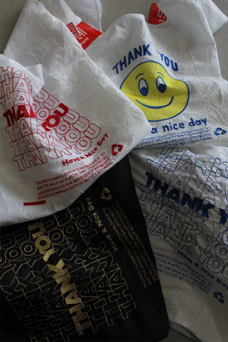 THANK YOU THANK YOU TOTE / RED THREAD ON WHITE TAFFETA