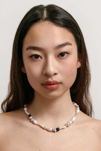 NOELLE NECKLACE / ORGANIC WHITE PEARLS WITH BLUE CAT’S EYE GLASS BEADS / 925 STERLING SILVER