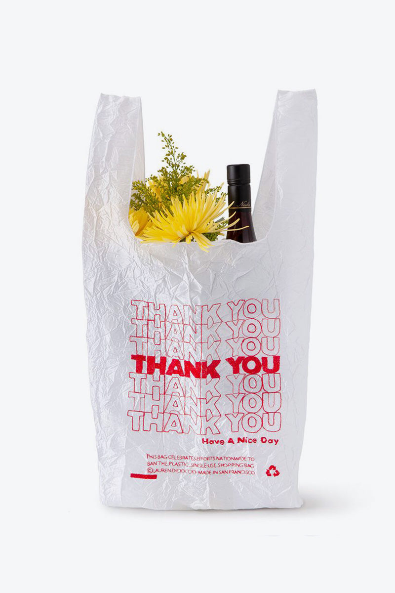THANK YOU THANK YOU TOTE / RED THREAD ON WHITE TAFFETA