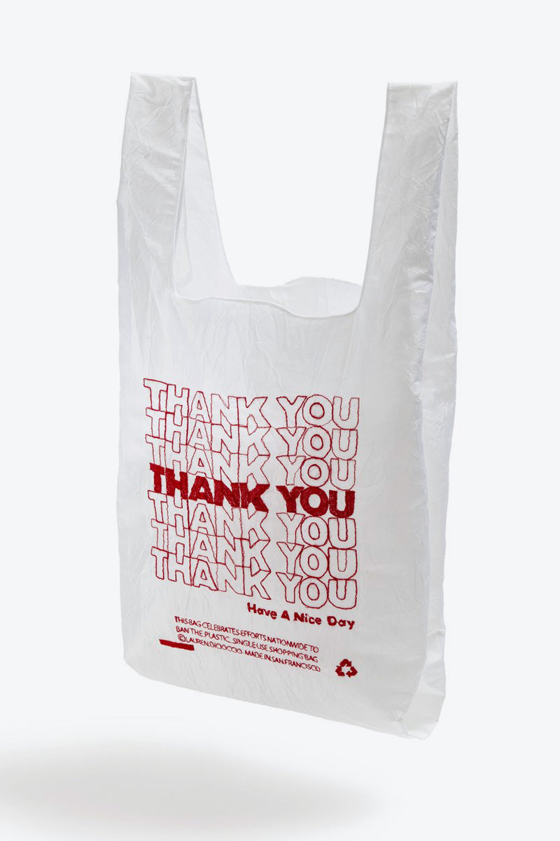 THANK YOU THANK YOU TOTE / RED THREAD ON WHITE TAFFETA