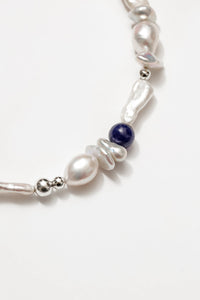 NOELLE NECKLACE / ORGANIC WHITE PEARLS WITH BLUE CAT’S EYE GLASS BEADS / 925 STERLING SILVER
