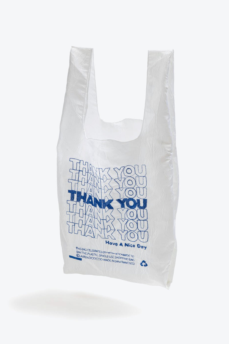 THANK YOU THANK YOU TOTE /  BLUE THREAD ON WHITE TAFFETA