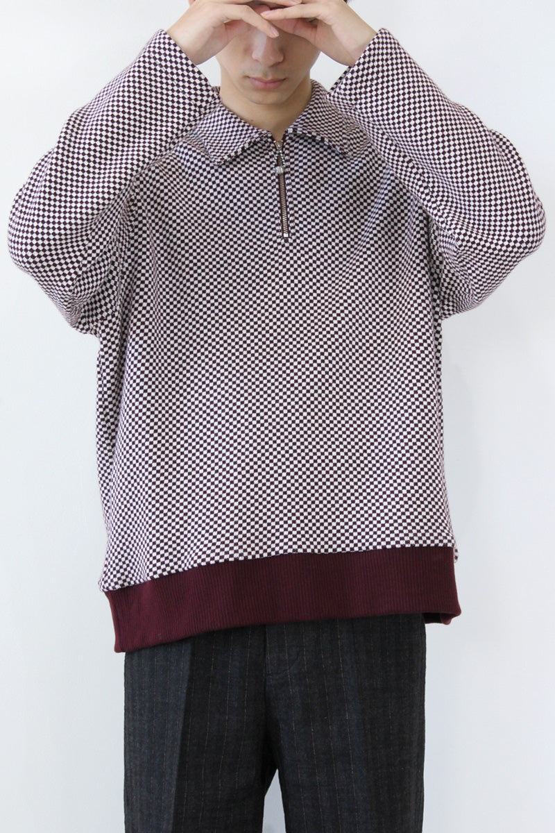 CHECKERED ZIP PULLOVER / BURGUNDY